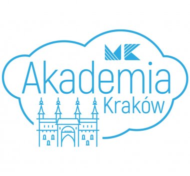 Grafika. Na białym tle niebieska grafika w kształcie chmury z wpisanym Barbakanem oraz nazwą "Akademia Kraków".