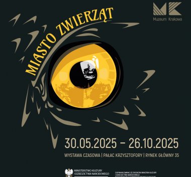 Kolorowa grafika promująca wystawę. Oko sowy, w której odbija się obraz Krakowa.