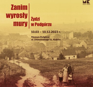 Kolorowa grafika. Czarno-biała fotografia z żółtym filtrem. Rodzina na tle panoramy Krakowa.