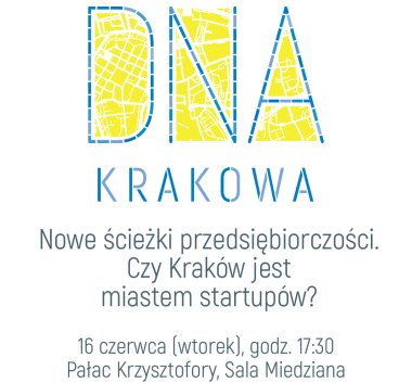 Grafika promująca wydarzenie. Słowo DNA wpisane w tkankę Krakowa.