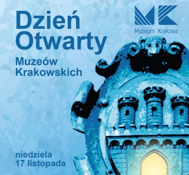 Grafika Dnia Otwartego Muzeum Krakowa z herbem miasta w kolorze niebieskim