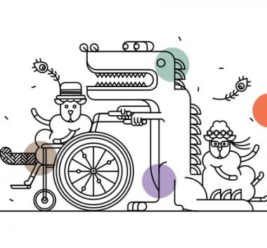 Kolorowa ilustracja. Owieczka na wózku inwalidzkim pchanym przez smoka