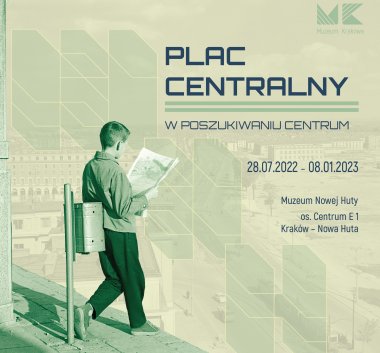 Grafika promująca wystawę „Plac Centralny. W poszukiwaniu centrum”. Chłopiec czytający gazetę na tle zdjęcia placu Centralnego.