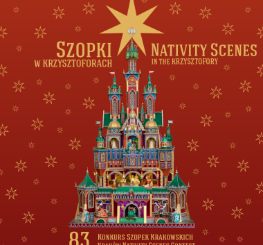 Kolorowa fotografia Szopki Krakowskiej na tle pomarańczowego tła z gwiazdami.