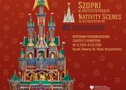 Kolorowa fotografia Szopki Krakowskiej na tle pomarańczowego tła z gwiazdami.