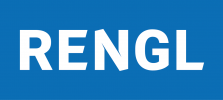 Niebieskie logo z białym napisem "RENGL"