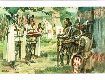 karta pocztowa, przedstawia reprodukcję obrazu Wojciecha Kossaka „Dwa miecze – przed bitwą pod Grunwaldem 1410 r.” Na pierwszym planie widoczny król Władysław Jagiełło w asyście rycerza.
