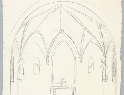 Włodzimierz Tetmajer (1861-1923); Szkic prezbiterium gotyckiego z oknem na osi. Przed nim prosta mensa ołtarzowa ustawiona na podwyższeniu do którego prowadzą stopnie schodów, szkic ołówkiem