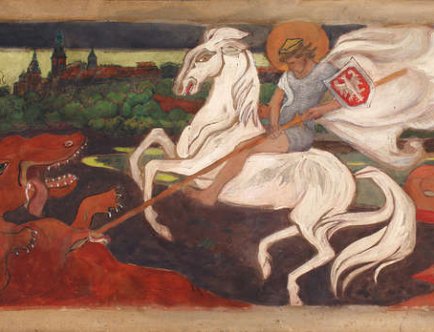Obraz "Smok wawelski", na I planie św. Jerzy na białym koniu włócznią przebijający potwornego ognistego smoka