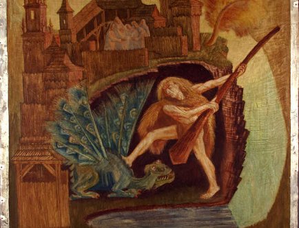 Walka Kraka ze smokiem wawelskim, Witold Chomicz, 1935, tempera na sklejce