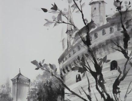 Obraz przedstawiający Barbakan i Bramę Floriańską.