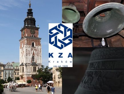 Grafika przedstawiająca fotografię Wieży Ratuszowej oraz dzwony Bolesław. Pośrodku grafika: logo firmy Krakowskie Zakłady Automatyki S.A.