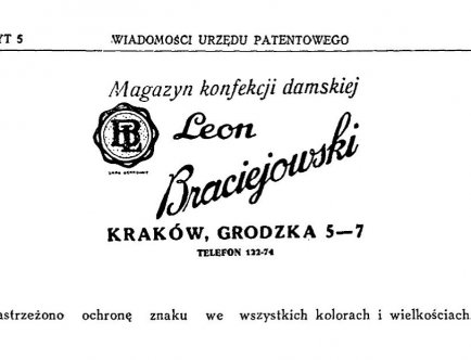 Archiwalny logotyp magazynu konfekcji damskiej "Leon Braciejowski. Kraków. Grodzka 5-7"