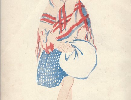 Kolorowa ilustracja dziewczynki w chuście w czerwono niebieską kratę z bosymi stopami.