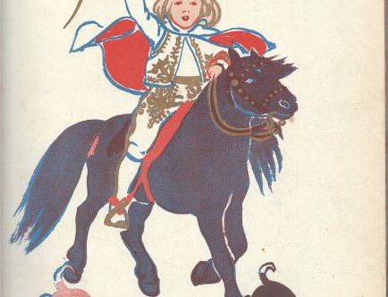 Kolorowa ilustracja chłopczyka na czarnym koniu trzymającego łuk. Obok biegną dwa psy.
