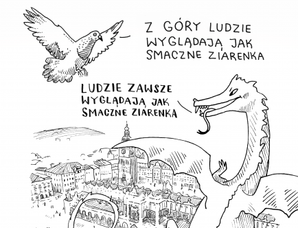 Czarno-biała grafika przedstawiająca Smoka Wawelskiego i Gołębia rozmawiających o Krakowie.