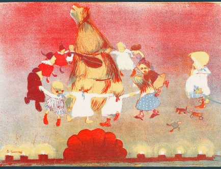 Kolorowa ilustracja. Na czerwono żółtym tle dzieci tańczące w kole, trzymające się za ręce. W środku chochoł.