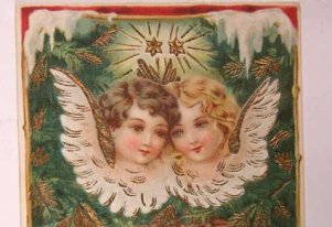 Kolorowa karta świąteczna. Dwa anioły, na dole święta rodzina
