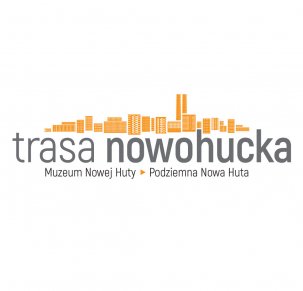 Kolorowy logotyp z napisem "Trasa nowohucka. Muzeum Nowej Huty, Podziemna Nowa Huta"