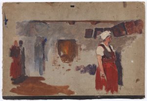 Kolorowy obraz. Kobieta w tradycyjnym stroju w izbie