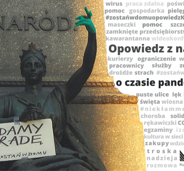 Kolorowy baner przedstawiający fragment pomnika Adama Mickiewicza