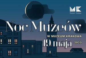 Kolorowa grafika. Rysunki budynków oddziałów Muzeum Krakowa w nocnej scenerii.