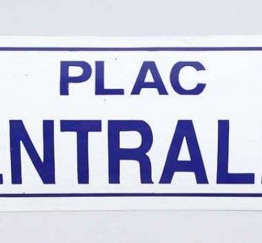 Kolorowe zdjęcie. Tablica uliczna z napisem "Plac Centralny"