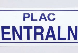 Kolorowe zdjęcie. Tablica uliczna z napisem "Plac Centralny"